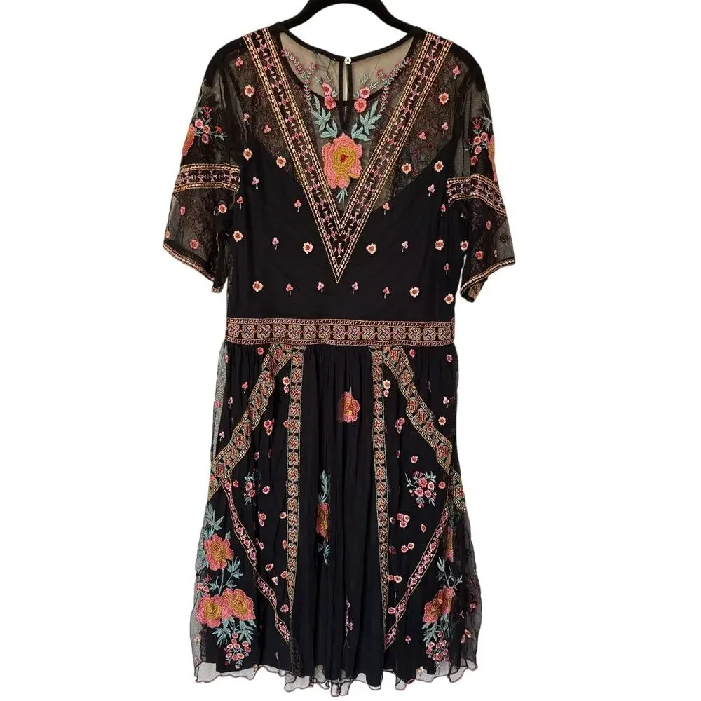 Sundance Roxanna Embroidered Mesh Dress Boho Fall Wedding Cocktail Dress size L